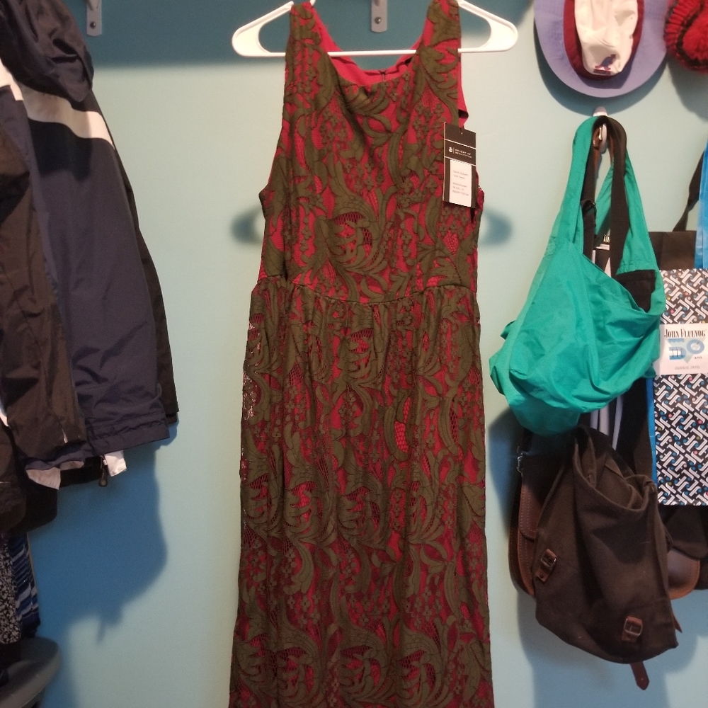 Red dress with army green lace overlay